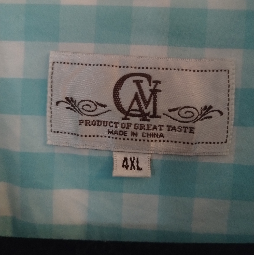 Men's CAVI Short Sleeves Button Up Aqua White Gingham Collar Shirt 4x Big Tall - Picture 5 of 7